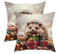 Christmas Hedgehog Throw Pillow Covers, Cute Animal Cushion Case, Winter Holiday Xmas Decoration Soft Velvet Pillow Covers for Home Sofa Bedroom Living Room 16x16 Inch