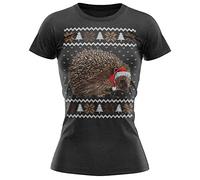 Christmas Hedgehog Tshirt Womens Festive Santa Hat Tee Secret Santa Gifts for Her Xmas Fancy Dress Day, L, Black