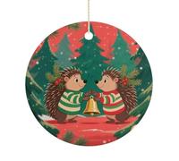 Christmas Hedgehogs Double-Sided Ceramic Christmas Ornaments - Round Hanging Mini Xmas Tree Decorations, Ideas for Farmers, Rustic Home Decor for Indoor Outdoor Tree Decor