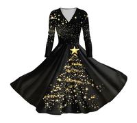 Christmas Hepburn Long Sleeve Round Neck Dress - Women's Cocktail Party Evening Knee-Length Prom Swing 1950s Fancy Printing