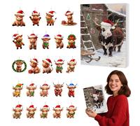 Christmas Highland Cow Advent Calendar 2025, 24 Days Countdown Decor with Hanging Ornaments, 2D Xmas Tree Cartoon Cow Decorative Ornament (Theme 14)