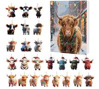 Christmas Highland Cow Advent Calendar 2025, 24 Days Of Christmas Advent Calendar Hanging Ornament, Xmas Tree Cartoon Cow Decorative Ornament (J)