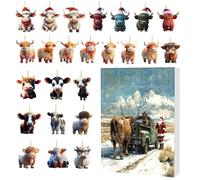 Christmas Highland Cow Calendar Advent - 24 Days Cow Ornaments Christmas Countdown Calendar | 2D Acrylic Animal Ornaments For Tree Window Wall Door Car Rearview Mirror Backpack Decor