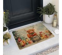 Christmas Highland Cow Doormat Red Green Rustic Indoor Outdoor Decor Non Slip Waterproof Dust-Absorbing Easy Clean 29" x 17"