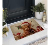 Christmas Highland Cow Doormat, Red Santa Hat Holiday Welcome Mat for Indoor & Outdoor Use, Rustic Farmhouse Style, Non-Slip Water Resistant Entry Mat, Easy Clean 29x17 Inch