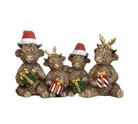 Christmas Highland Cow Family Ornament, Brown Resin, Xmas Hats Presents & Gold Antlers 22x14x7cm