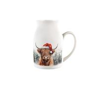 Christmas Highland Cow Milk Jug - Small Porcelain Creamer Jug Pitcher with Handle for Xmas Dinner, 450ml, White