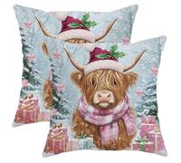 Christmas Highland Cow Pillow Covers Set of 2, Festive Brown Faux Fur Throw Pillows Case, Outdoor Decorative Winter Farmhouse Decor Cushion Covers for Home Sofa Bed Couch 16x16 Inch