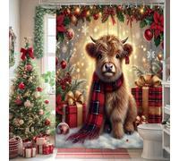 Christmas Highland Cow Shower Curtain, Festive Red Green Bath Decor with Gifts and Snowflakes, Cozy Winter Holiday Bathroom Set, Waterproof Fabric with Hooks 54x78 Inch