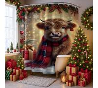 Christmas Highland Cow Shower Curtain, Festive Red Green Bath Decor with Gifts and Snowflakes, Cozy Winter Holiday Bathroom Set, Waterproof Fabric with Hooks 108x72 Inch