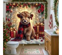 Christmas Highland Cow Shower Curtain, Festive Red Green Bath Decor with Gifts and Snowflakes, Cozy Winter Holiday Bathroom Set, Waterproof Fabric with Hooks 72x78 Inch