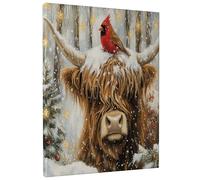 Christmas Highland Cows Canvas Art Wall Decor for Living Room, 1 Piece Xmas Cardinal Snowy Bathroom Wall Art, Big Small Animal Decorative Poster Office Bedroom 16 * 20