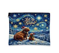 Christmas Highland Cows Makeup Bag, Festive Snowy Scene Printed Cosmetic Travel Pouch for Women, Xmas Portable Small Canvas Zipper Organizer 7x9 Inch