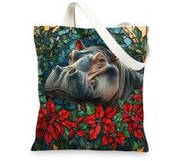 Christmas Hippo Canvas Tote Bag for Shopping 13x15, Stained Glass Animal Xmas Reusable Grocery Print Bag for Women Men, Holiday Wildlife Aesthetic Painting Gift Decor
