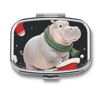 Christmas Hippo Pill Box Travel Pill Organizer 2-Compartment with Mirror Design Portable Square Medicine Case for Vitamins, Jewelry & Essentials Durable Pocket Pillcase for Purse, Camping