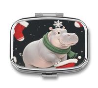 Christmas Hippo pilldispenser with Mirror 2 Compartments Waterproof PillCase for Purse Pocket Non-Slip Grip Travel Medicine Organizer Container Box for Vitamin Fish Oil Supplement