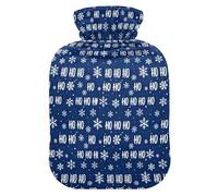 Christmas Ho Ho Ho Snowflake Dark Blue Pattern Hot Water Bottle with Soft Cover, 1L Warmer Bag for Neck Shoulder Warmer