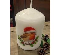 Christmas Holiday Candle, White Pillar with Robin and Holly Design, Festive Winter Home Decor