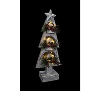 SHATCHI Christmas Holiday Home Décor Battery Operated Wooden Tree Tabletop Centrepiece with Wreath and 15 Small Warm White Bulbs - (Grey/Red/Green), 80cm, Wood, 25 x 10 x 80H cm