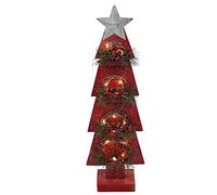 Christmas Holiday Home Décor Battery Operated Wooden Tree Tabletop Centrepiece with Wreath and 15 Small Warm White Bulbs - Red, 80cm