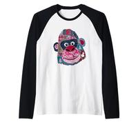 Christmas Holiday Patchwork Monkey Face Festive Raglan Baseball Tee
