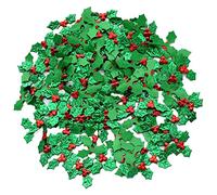 Christmas Holly Berries Embellishment, 100Pcs Mini Craft Berry Greens Leaf Sequins,Fabric Leaf Confetti for Christmas Card, Gift Tags, Table, DIY Craft Decorations.(3.5cm)