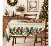 Christmas Holly Berry Botanical Table Cloth 60x100 Inch | Botanical Illustration, Rectangle Tablecloth, Seasonal Foliage, Winter Berry Motif, Traditional Table Setting