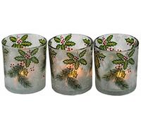 Christmas Holly Berry Glass Votive Tealight Candle Holders (Set of 3)