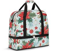 Christmas Holly Leaf Elements Travel Duffel Bag for Women Men, Foldable Sports Gym Bag Weekend Overnight Totes Carry on Cabin Bag with Shoes Compartment