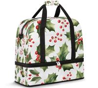 Christmas Holly Leaves Berries Travel Duffel Bag for Women Men, Foldable Sports Gym Bag Weekend Overnight Totes Carry on Cabin Bag with Shoes Compartment
