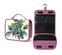 Christmas Holly Mistletoe Blue Berries on Greenery Travel Toiletry Bag for Women,Hanging Makeup Organizer with Hook for Shampoo