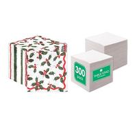 Christmas Holly Napkins 100pk & White Napkins 300pk Dual Pack Festive Bundle