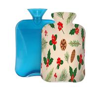 Christmas Holly Pinecones Berries Hot Water Bottle with Cover, 2L PVC Hot Water Bag for Pain Relief, Hand Foot Warmer, Hot & Cold Therapy with Removable Cover, Gift for Women Kids Family