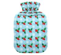 Christmas Holly Snowflake Blue Pattern Hot Bottle Water Bag with Soft Cover, 1L Water Bags for Pain Relief