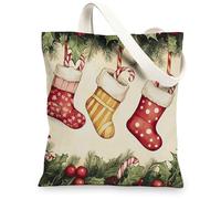 Christmas Holly Socks Canvas Tote Bag for Shopping 13x15, Vintage Xmas Candy Canes Reusable Grocery Print Bag for Women, Happy Holiday Aesthetic Painting Gift Decor