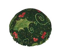 Christmas Holly Waterproof Shower Cap with Elasticized Hem Reversible Design for Shower Sleeping Bonnet Cap for All Hair Lengths