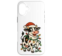 Christmas Holstein Cow Lights Santa Hat black white Funny Case for iPhone 16 Plus