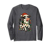 Christmas Holstein Cow Lights Santa Hat Black White Funny Long Sleeve T-Shirt