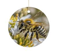 Christmas Honey Bee Round Pendant Circle Ornament Hanging Ceramic Pendant Porcelain Round Decorations for Xmas Tree Winter New Year Wedding Party Home Decor
