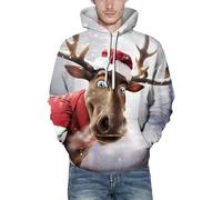 Christmas Hoodie Men's Long Sleeve Christmas Hoodie Men's with Reindeer 3D Print Christmas Jumper with Hood Loose Christmas Hooded Sweatshirt Winter Christmas Hoodie Xmas Hoodie, White, S