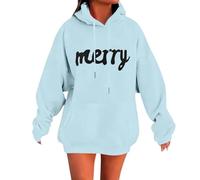 Christmas Hoodies For Women Merry Christmas Pullover Top Long Sleeve Xmas Holiday Sweatshirt Sweatshirts Pullover Top (Light Blue, L)