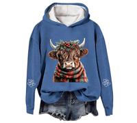 Christmas Hoodies for Women Sweatshirt, Cow Print Festive Western Graphic Pullover For Cozy Fleece Holiday Themed Casual Top (Blue XL)