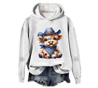 Christmas Hoodies for Women Sweatshirt, Cow Print Festive Western Graphic Pullover For Cozy Fleece Holiday Themed Top (White L)