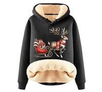 Christmas Hoodies for Women Sweatshirt, Fashionable Deer Print Autumn And Winter Plus Velvet Thickened Warm Cardigan Lamb's Velvet Hooded (Black L)