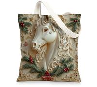 Christmas Horses Canvas Tote Bag for Shopping 13 * 15, Fun Xmas Luxury Reusable Grocery Bag for Women, Animal Travel Painting Gift Decoration