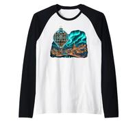 Christmas Hot Air Balloon Aurora Village Scene Raglan Baseball Tee