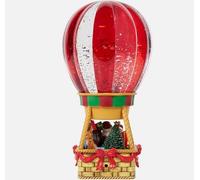 Christmas Hot Air Balloon Snow Globe with LED Light, Red and White Striped Globe, Santa Scene in Woven Basket Base, Holiday Decorative Ornament
