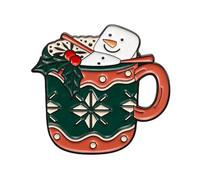 Christmas Hot Chocolate Mug Enamel Pin Badge 3cm x 2.8cm, Festive Snowman Marshmallow Cocoa Cup Lapel Pin With Holly Detail, Green And Red Holiday Brooch