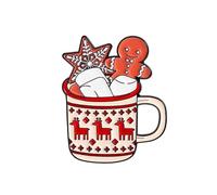 Christmas Hot Cocoa Mug Enamel Lapel Pin Badge 3.8cm x 2.8cm Gingerbread Man Marshmallow And Snowflake Design Festive Red And White Winter Holiday Brooch