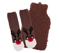 Christmas Hot Water Bottle and Non Slip Socks Set - 3D Low Pile Plush Fleece Cover Pain Relief Cosy Nights and Relaxation (Reindeer)